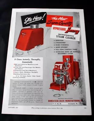 1947Advert 'HYPRESSURE JENNY STEAM CLEANER HOMESTEAD VALVES' 11.25  X 8 . • $3.78