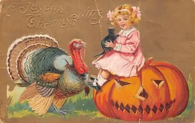 $4.95 • Buy Thanksgiving Holiday Turkey Jol Cat Girl Embossed Postcard 1909