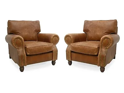 A Pair Of Leather Armchair Club Chairs In Vintage Tan Leather  The Hepburns  • £1785