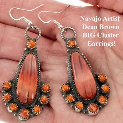 Navajo Earrings SPINY OYSTER CLUSTER Coral  Long Sterling Silver BIG SHOW • $318.98