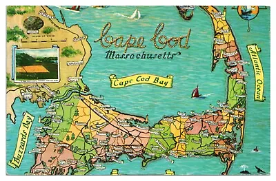 Vintage Cape Cod Massachusetts State Map Postcard C1958 Bay Atlantic Chrome • $4.65