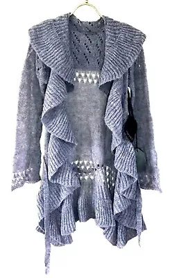 NWT Rokara Gray Knit Ruffle Cardigan Jacket Belted OS Made In USA Mohair Blend • $44.99