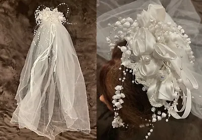 Wedding White Buckram Bridal Headpiece 41” Veil 3D Flowers Swarovski Crystals • $49.99