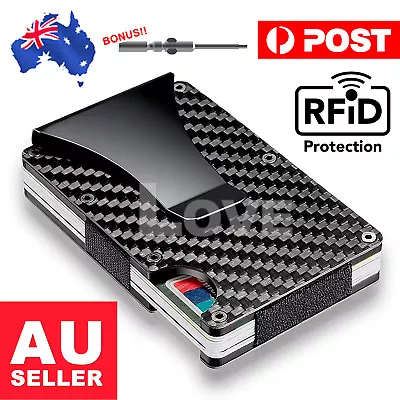 $10.85 • Buy Men Slim Carbon Fiber Credit Card Holder RFID Blocking Metal Wallet Money Clip