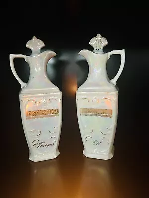 Vintage Lusterware German Vinegar Oil Cruet Set Pair Mepoco Ware Iridescent 9.5  • $16