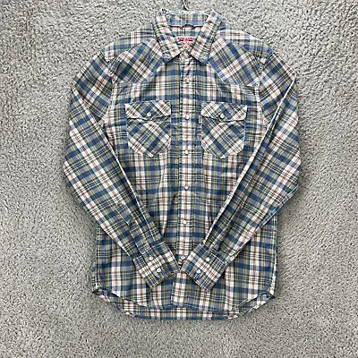 Levi's Western Cowboy Cotton Shirt Mens S Blue Check Pearl Snap Long Sleeve • £24.99