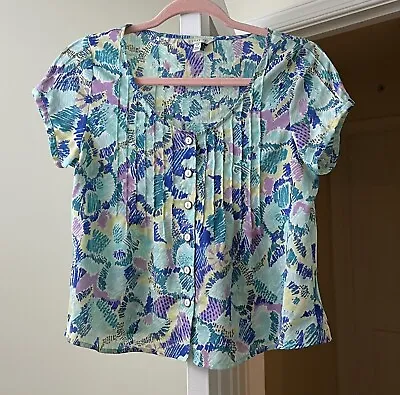 I Love H81 Blouse Satin Pleated Sateen Stretch Blue Artsy Watercolor Small  • $7.87