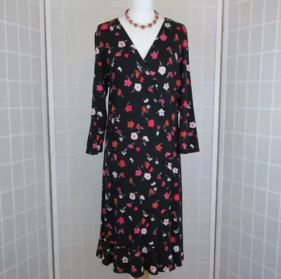 Roman Dress Size 20 Black Red Floral Fixed Buttons V Neck Long Sleeves Jersey • £22.50