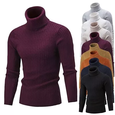 Mens Turtle Neck Cable Knitted Roll Up Jumper Polo Sweater Pullover Warm Tops UK • £14.49