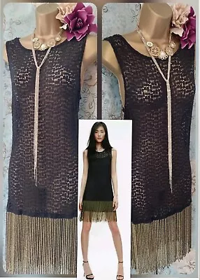 Zara 20s Deco Gold Black Crochet Lace Bead Party Tassel Flapper Gatsby Dress 14  • £59