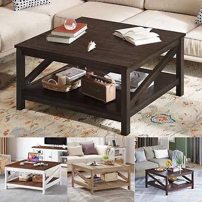 2-Tier Wood Square Coffee Table Farmhouse Cocktail Table With Storage Shelves • $72.99