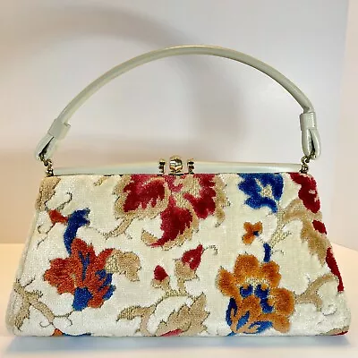 Vintage Velvet Handbag Floral Carpetbag Ivory Trim Gate Frame Opening • $30