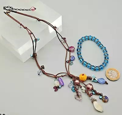 Corded Necklace With Murano Type Millefiori Beads & Blue Faceted Glass Bracelet • £8.99