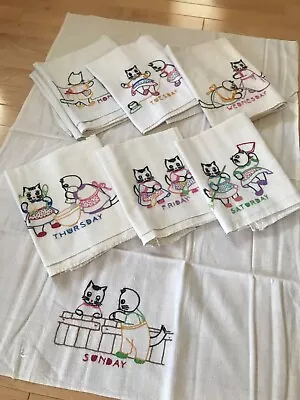 Lot Of 7 VTG Kitchen Dish Towels Days Of The Week Hand Embroidered - Cats 🐱 • $72.25