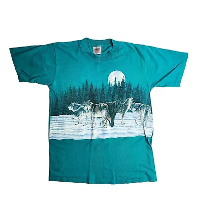 Vintage Habitat Wolves Snow Wrap Around Print Nature T Shirt Size Medium Oneita • $19.95