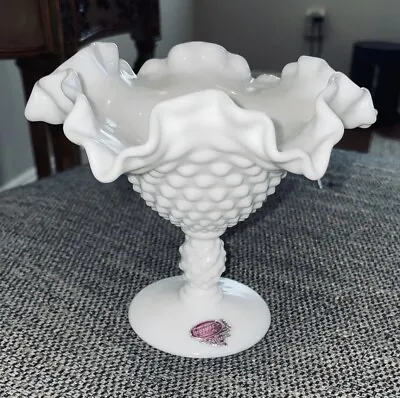 Vtg Fenton White MilkGlass Compote PedestalCandy Dish Hobnail Ruffled Orig Label • $19.99