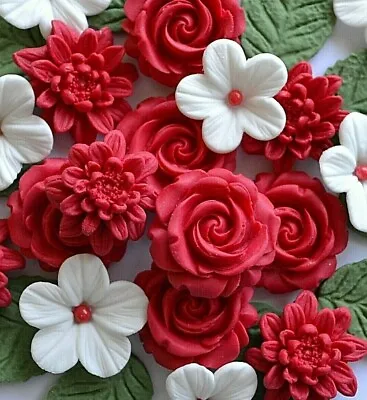 RUBY Red ROSE BOUQUET Edible Sugar Paste Flowers Cup Cake Decorations Toppers • £8.95