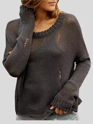 Wooden Ships Sweater Womens XS / S Oliver Distressed Crew Chunky Gray MSRP $134 • $45.91