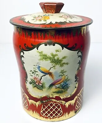 Vintage George Horner Tin Birds Red Gold Floral Metal Biscuit Jar Flower England • $24.99