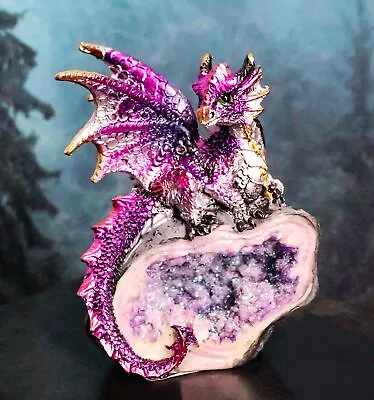 Metallic Purple Iridescent Wyrmling Dragon On Faux Geode Crystal Rock Figurine • $16.99