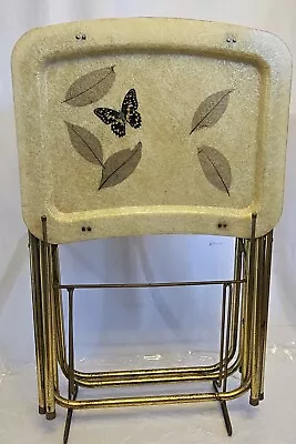 VINTAGE FIBERGLASS TV TRAYS 4 W/STAND Butterfly & Leaves Design - Retro - MCM • $179.10