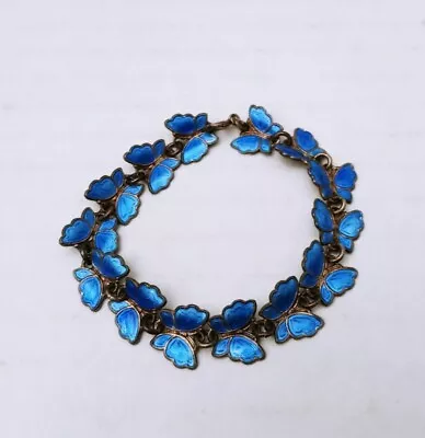 Meka Denmark Sterling Silver Butterfly Bracelet Blue Guilloche Enamel Vintage  • $124.90