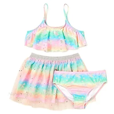 Unicorn Swimsuit Girls Size 8-12 Tankini Cover Up Tutu Skirt Swim Bikini 3 Piece • $26.95