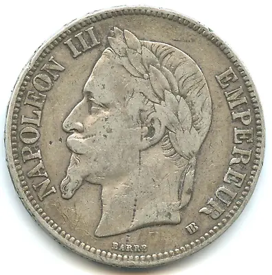 5 Silver Francs Napoleon III Laureate Head 1869 BB N°6255 • £27.08