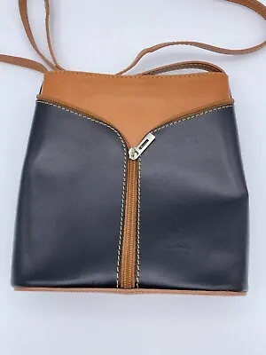 Italy Vera Pelle Dark Brown Leather Crossbody  Light Brown Trim Purse EUC • $26.95