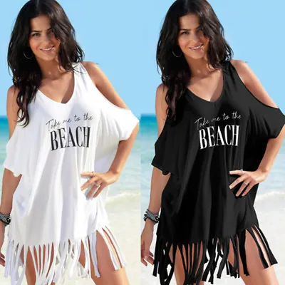 £12.65 • Buy Womens Cold Shoulder Tassel Bikini Cover Up Beach Beachwear Long T-Shirt Dress