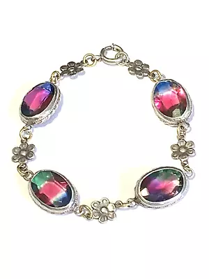 ATQ Art Deco 1910 - 1930s Sterling Silver & Czech Iris Glass Bracelet Jewelry • $49