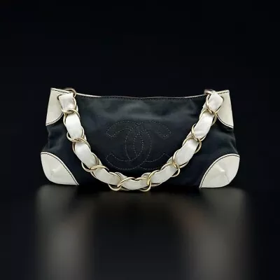 CHANEL COCO CC MARK Denim Leather Chain Hand Bag Women White Genuine USED • $1673.76