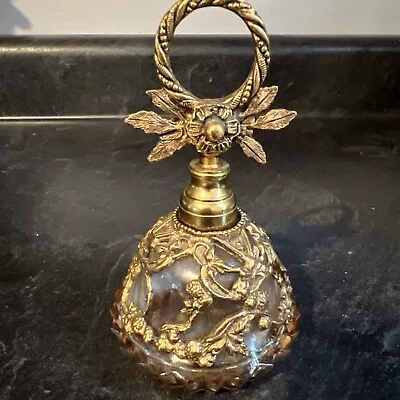 Vintage Gilt Gold Metal Glass Perfume Bottle W/ Glass Dauber • $69.20