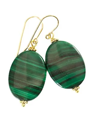 Malachite Earrings Natural Green Oval Simple Large Drops Sterling 14k Solid Gold • $49