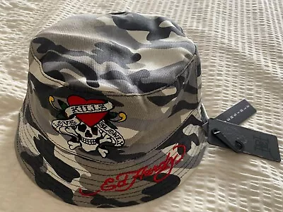 BNWT New Men's ED HARDY Reversible Bucket Hat Grey Camo / Black  Cotton One Size • £4.99