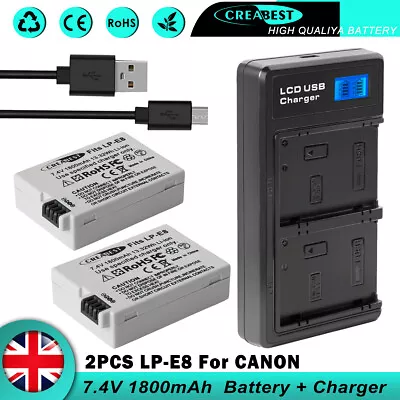 2x 1.8AH LP-E8 Battery & Dual Charger For Canon EOS 550D 600D 650D 700 Rebel T4i • £23.95