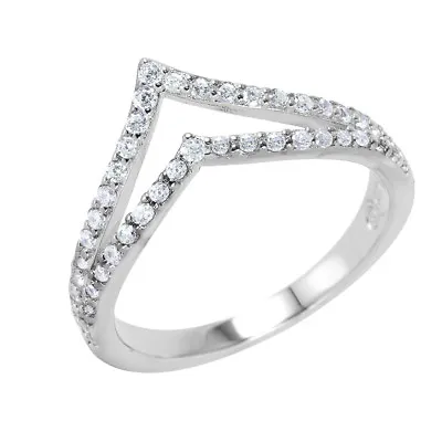 Sterling Silver Ladies Micro Pave CZ Stones Double Chevron Design Ring • $19.99