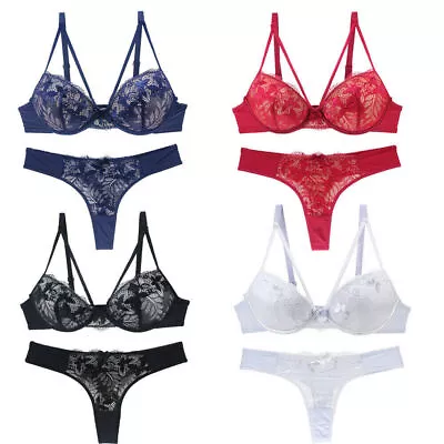 Uk Sexy Wired Embroidery Deep V Shape Super Push Up Plunge Bra Sets 32-38ABC • $13.99