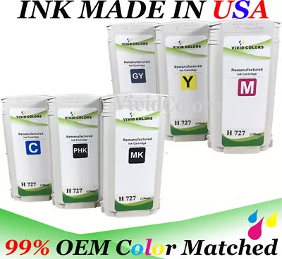 $227.75 • Buy 130ML Refurbished For T2500 Printer Set Of 6 MK PK C M Y GY HP727