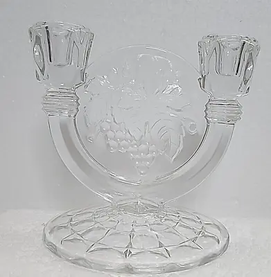 MCM  Intaglio Grape Leaf Clear Glass Double Taper Candle Candelabra Intaglio • $15