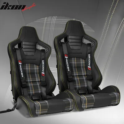 Universal Recline Racing Seat PU Carbon Yellow Plaid &Dual Slider Buckle Belt X2 • $399.99