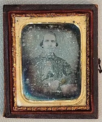 1/9th Plate Daguerreotype Of A Man With Prominant Watch In Half Union Case • $49.95