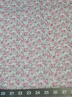Gray With Pink Cabbage Roses Tropical Breeze Lachute Fabric 2 Yards • £10.60