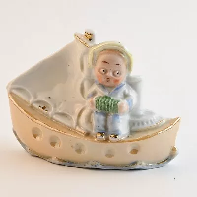 Vintage Luster Figural Pin Cushion Boy In Sailboat With Concertina Germany #29 • $16.99