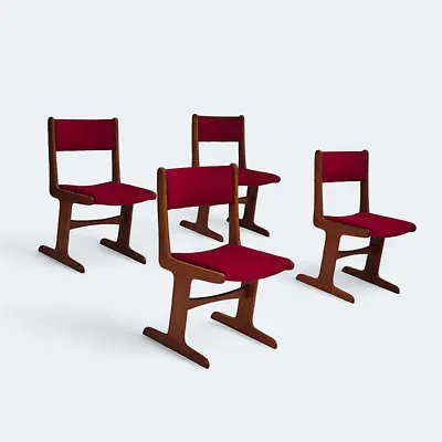 1970s Set Of 4 Reupholstered Danish Chairs Teak Wood Cherry-red Velour. • £1165.08