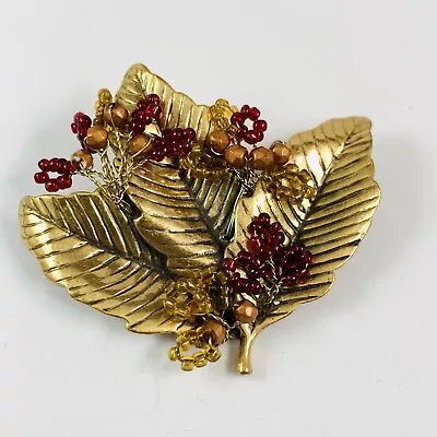 Vintage COLDWATER CREEK Signed Seed Bead Flower Leaf Gold Tone Brooch • $19.99