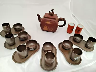 Vintage Japanese Stoneware Enamel Sake Set Of 6 Cups & Trays With Clay Teapot • £30