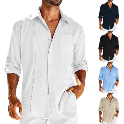 Mens Tops Long Sleeve Shirts Men Comfy Lapel Neck Work Tunic Shirt Soft • £15.85