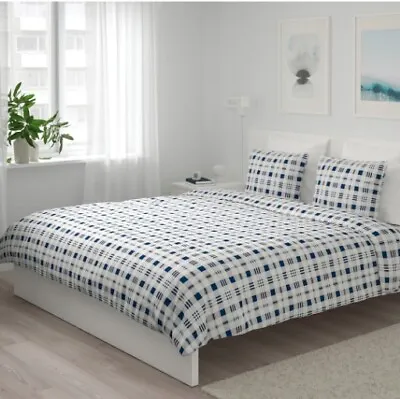Ikea SPIKVALLMO Quilt Cover & Pillowcases White Blue/check Print  200x200 Cm • £16.89