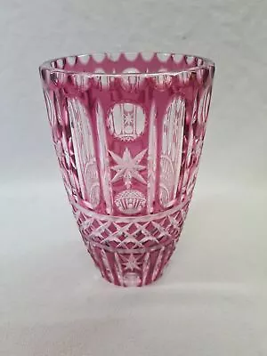 Vintage Bohemian Czech Cut To Clear  Cranberry Crystal Glass Vase Moser Type • $175